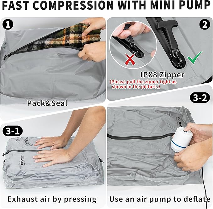 Reusable Vacuum Bags for Travel With Pump,Professional Waterproof IPX8 Vacuum Compression Bag for Suitcases Backpack,Space Saver Bags Packing Organizers for Clothing Packing(2 Pack,Gray)