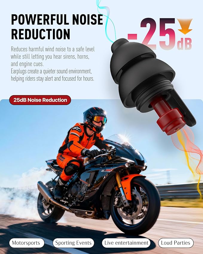 Motorcycle Ear Plugs 2Pairs, Wind Noise Reduction Audible Filter Moto Hearing Protection, 100X Reusable Comfy Earplugs for Riding, Motorbike, Motorsports, Touring, Racing, Commuting, Shooting