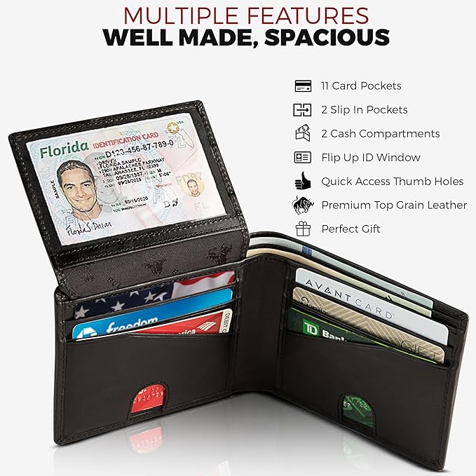 BULL GUARD Vintage Black Leather Wallet for Men RFID Blocking Bifold With ID Secure and Durable Extra Capacity Billfold with 11 Credit Cards