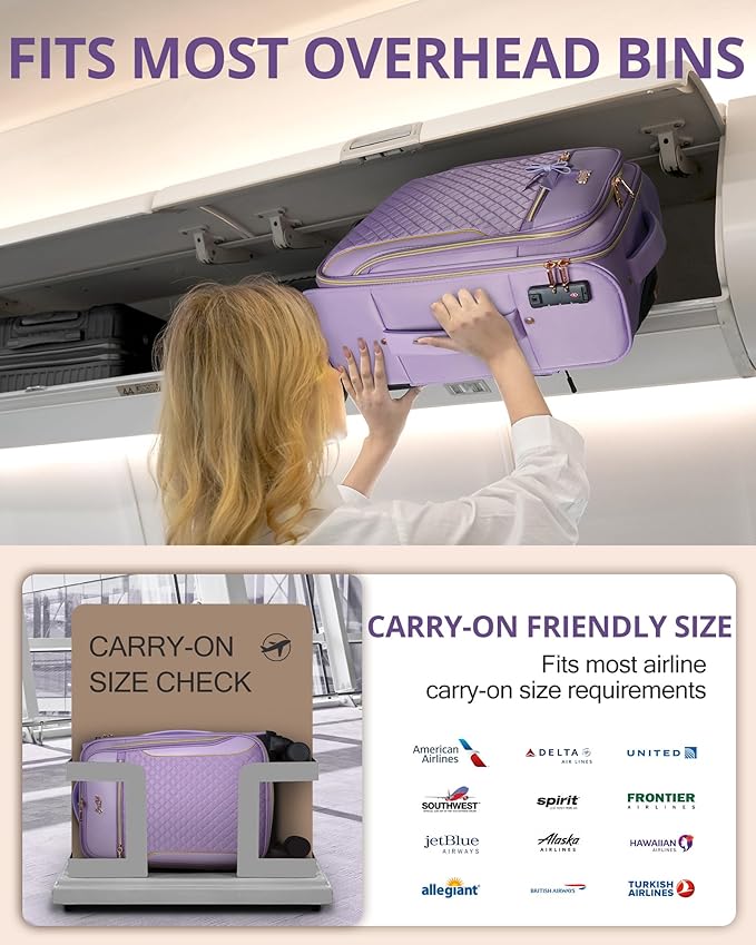 Carry On Luggage 22x14x9 Airline Approved, 20 Inch Softside Suitcase with 4 Pcs, Lightweight Luggage for Women with TSA Lock and 4 Spinner Wheels, Soft Side Carry-on Suitcases for Travel, Purple