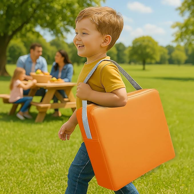Toddler Booster Seat Dining Table Kitchen Chair, Waterproof Anti-Scratch PU Cushion, Non-Slip Bottom, Adjustable Buckle Straps, Easy Clean Portable Seat Cushion (Orange)