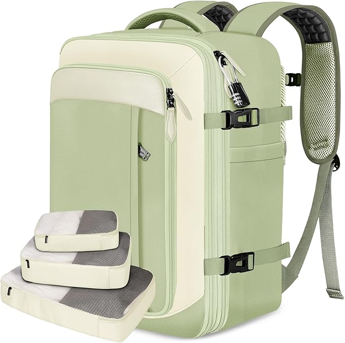 Vancropak Carry on Backpack for Women, Large Expandable Travel Backpack Fits 17.3" Laptop, Airplane Approved Suitcase Bag with Shoe Compartment, Lightweight Anti Theft Weekender Bag for Travel, Green