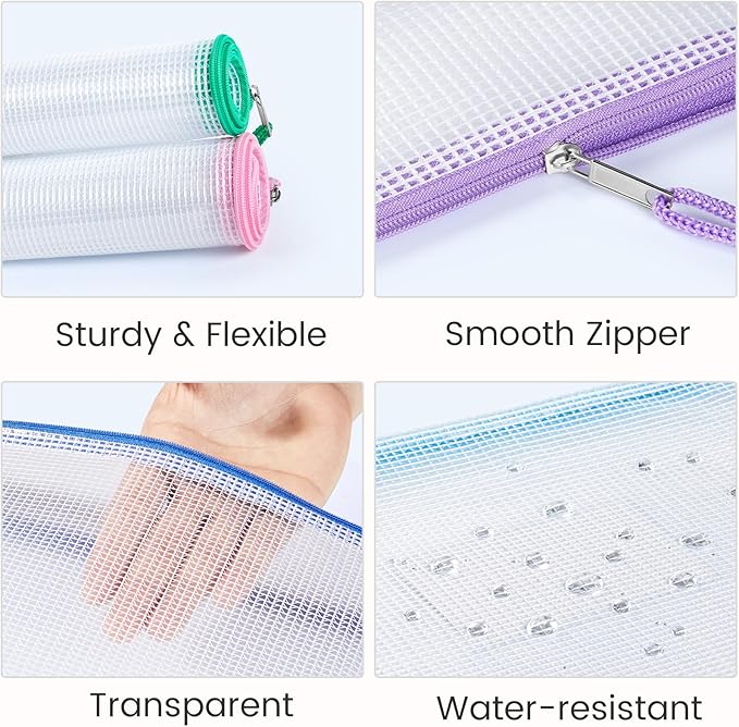 Sooez 24 Pack Mesh Zipper Pouch with Sticky Labels, A4 Mesh Bags, Toy Storage Board Game Puzzles Organization, Sturdy Letter Size File Folders Organizer Teacher School Classroom Office Supplies, Black