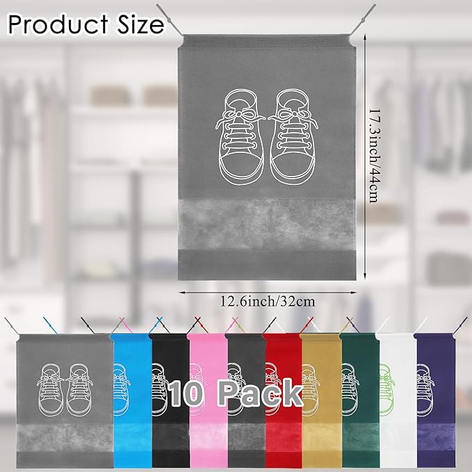 10 Pcs Portable Travel Shoe Bags, 17.3 x 12.6 Inches Waterproof Non-Woven Shoe Organizers Storage Bags, Large Drawstring Shoes Pouch Packing Organizers with Rope for Men, Women, Children