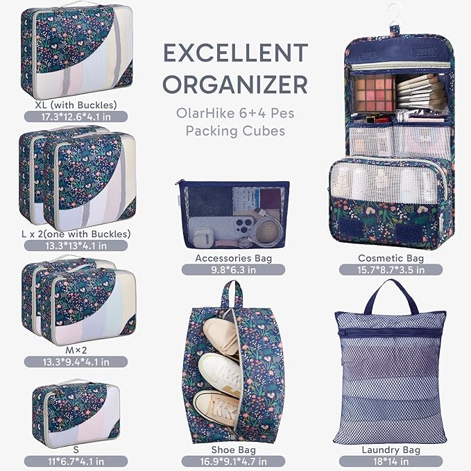 10 Set Packing Cubes for Travel, Gifts for Women Mom,Anti-Tearing Suitcase Organizer for Luggage with Shoe & Hanging Toiletry Bag,OlarHike Vacation Essentials & Accessories for Cruise Ship