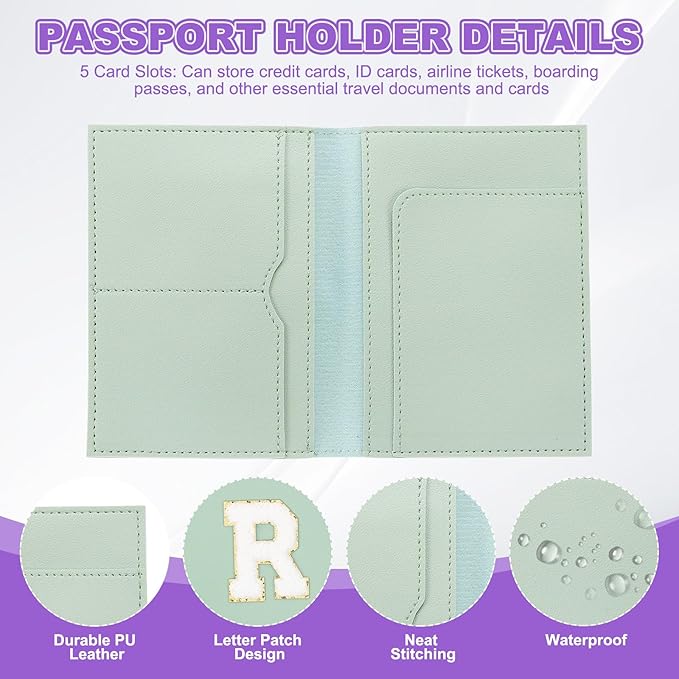 PATIKIL Passport Holder for Travel, Initial Passport Cover and Luggage Tag Set with Alphabet Chenille Letter Patch Travel Wallet Bag Suitcase Identifier for Women Family Travel Green R