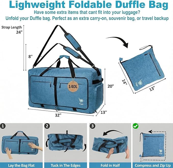 Bago Extra Large Duffle Bag for Travel Women & Men. Durable, Lightweight, Foldable Travel Duffel Bags For Traveling Women. 140L Duffle Bags Use As a Weekender Bag with Shoe Compartment, Checked Duffel