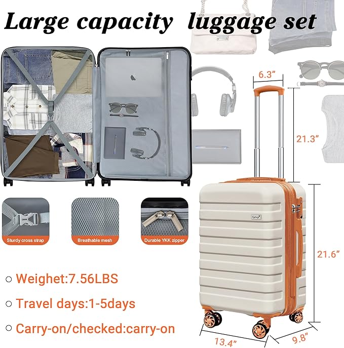 Zebra 20" Expandable Carry-On, Lightweight Hardshell Suitcase with Spinner Wheels,White Brown