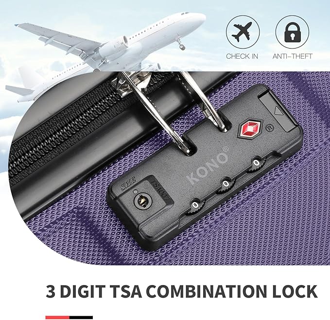 Kono Carry On Luggage Set Airline Approved Lightweight PC+ABS Carry On Suitcase with TSA Lock Spinner Wheels Durable Luggage Hardside Purple