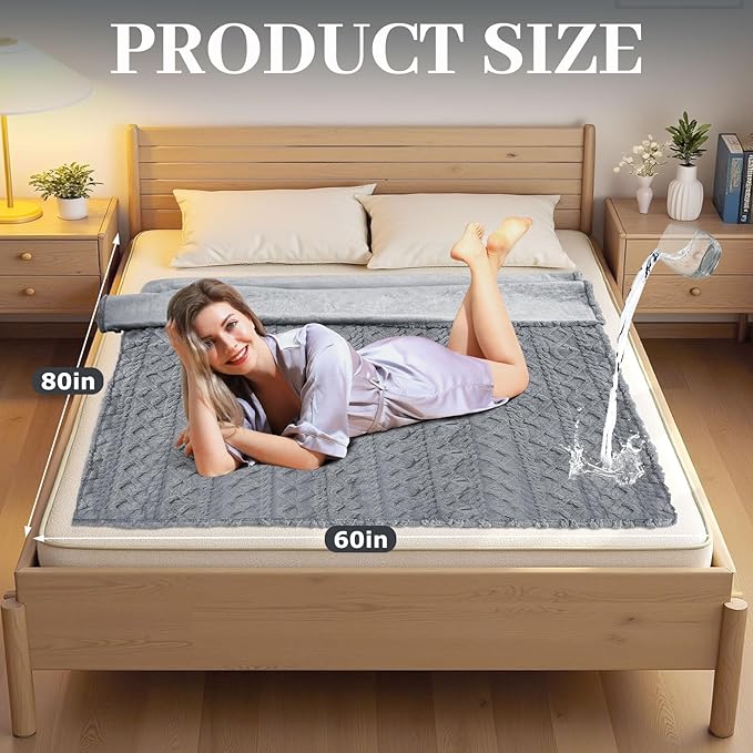 King Size Waterproof Blanket for Bed Couch, 80'' x 60'' Double Side Leakproof Reversible Sherpa Flannel Fleece 3-Layer Lightweight Blanket, Absorbs 50oz, Gray, Machine Washable
