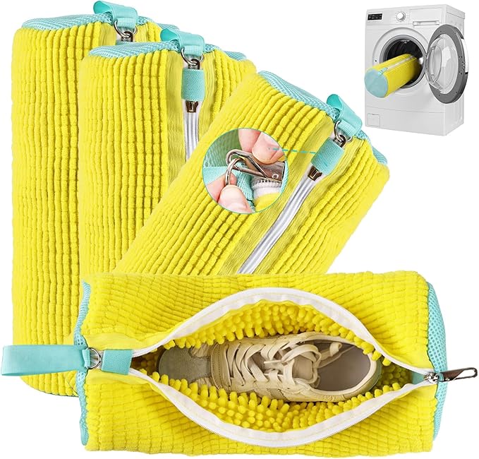 Shoe Washing Machine Bag 4pcs Reusable Sneaker Washing Bag with Built-in Fluffy Brushes for 360° All-Around Cleaning. Laundry Shoe Bag is Designed for Washer and Dryer （Yellow 4pcs）
