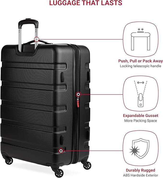 SwissGear 7366 Signature Hardside Expandable Luggage with Spinner Wheels and TSA Lock, Weekender Tote, Black, 2-Piece Set (Weekender/27)