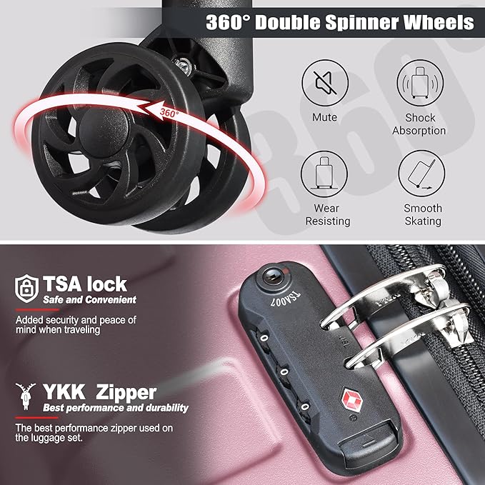 Zebra Luggage Sets 5 Piece, Lightweight Hardside Business Travel Suitcase Set with TSA Lock, Bonus Travel Backpack & Makeup Bag, 20/24/28 inch, Pink