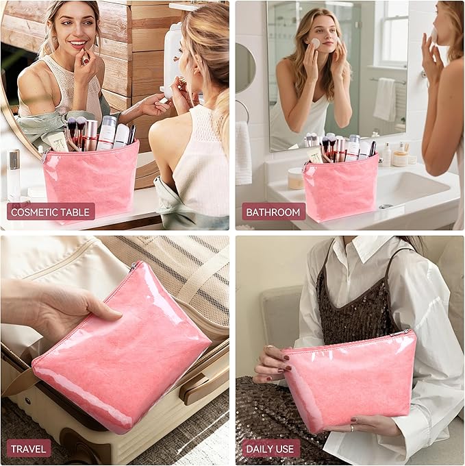 WLLWOO PVC Waterproof Makeup Bag Kraft Paper Cosmetic Bag Travel Toiletry Zipper Pouch Organizer for Women Purse