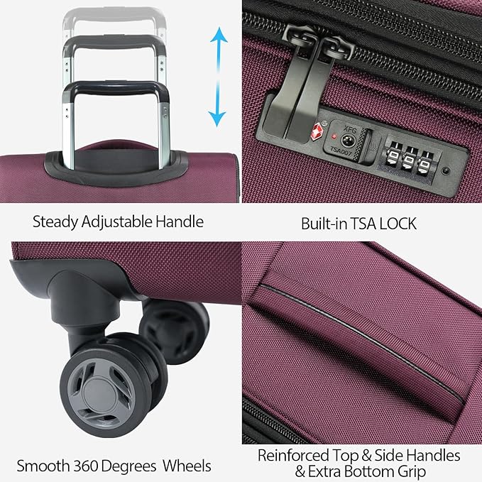 KROSER Softside Expandable Carry On Luggage with Front Business Pockets，20 Inch Suitcases with Spinner Wheels & Built-in TSA Lock, Durable Suitcase Rolling Luggage with USB Port, Burgundy