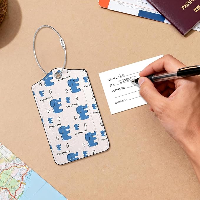 2 Pack PU Leather Luggage Tags for Suitcases, Privacy Protection Cover with Stainless Steel Loop and Address Card, Travel Cruise Essentials (Blue Elephant)