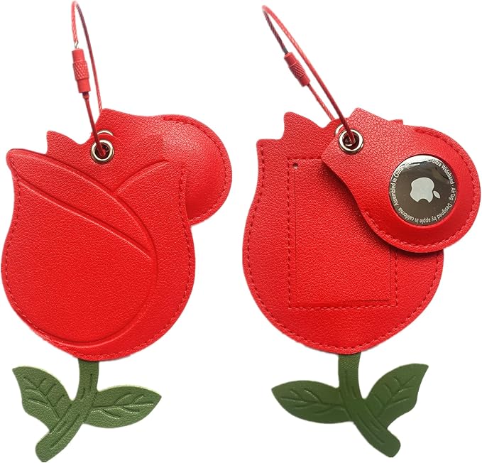 Cute Leather Luggage Tag Holder with Airtag Case Set,Hidden Compartment for AirTag Travel Suitcase Tracking Case with Stainless Steel Loop,Name ID Label(Red Rose)
