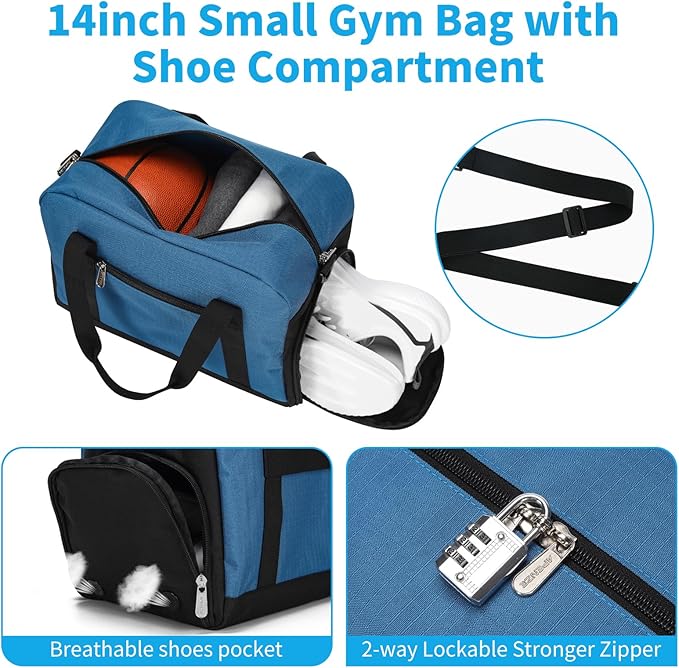 Small Gym Bag 14 inch lightweight Carry On Mini Duffel Bag with Shoe Compartment for Travel Sport - Blue
