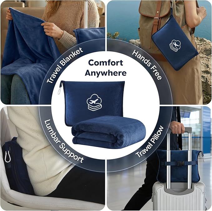 Travel Blanket, Soft 2-in-1 Airplane Blanket, 65x40 Inches, Travel Essentials Car Blanket with Luggage Sleeve & Backpack Clip (Navy Blue)