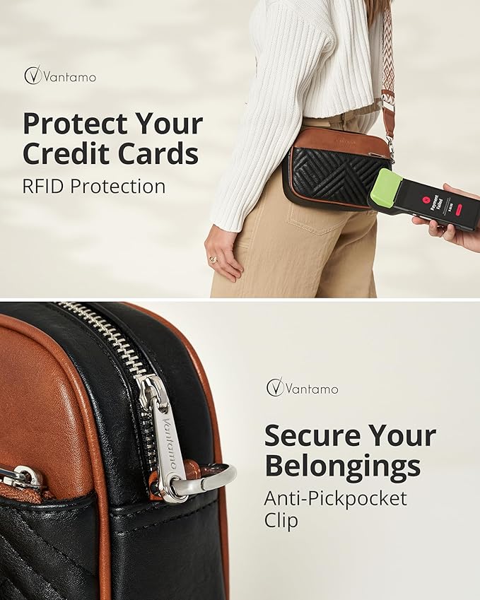 Vantamo Premium Quilted Crossbody Bags for Women with Anti-Pickpocket Clip, Vegan Leather Handbags, Travel Purses for Women