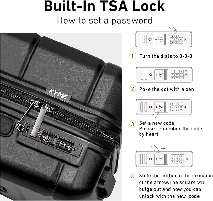 KYME Luggage Sets 3 Piece Hardshell 20"/24"/28" Suitcase with Wheels Hardside Suitcase Set with TSA Lock Large Travel Luggage Set for Women Men Black