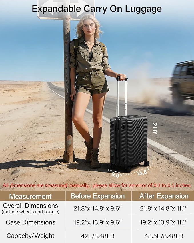 MILADA Expandable Carry On Luggage 20 Inch - Airline Approved Hardshell Suitcase with 8 Spinner Wheels, TSA Lock, Water-Resistant PC Shell, Lightweight & Durable for Travel, Jet Black