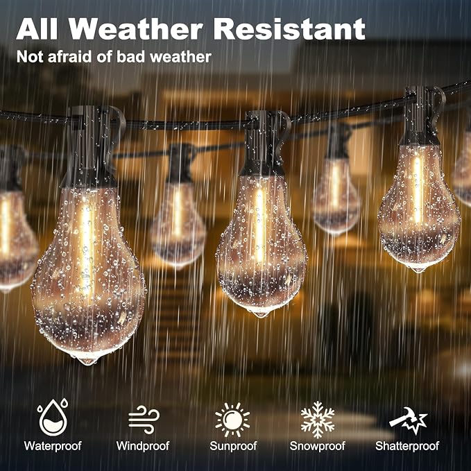 100FT Outdoor String Light 64+4Bulbs(1.5FT Spacing) 120W Dimmer Remote | 1.5FT Bulbs Spacing, IP65 Waterproof, Dimmable & 3Mode & timmer, Mounting Ties for Setup Outside Patio Porch Backyard