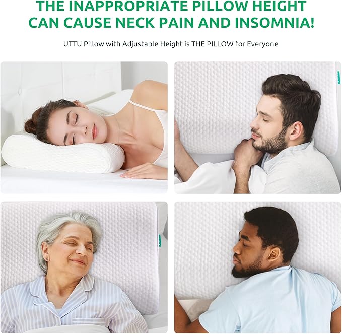 UTTU Cervical Pillow for Neck Pain Relief, Memory Foam Neck Pillow for Sleeping, Adjustable Orthopedic Sandwich Pillow, Contour Cooling for Side Back Stomach Sleeper, Queen(23.6"×14"×5.2"/4.5")