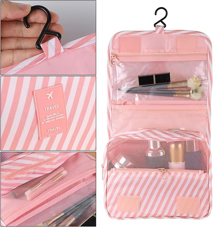 Pengxiaomei Hanging Toiletry Bag, Pink Striped Waterproof Cosmetic Bag Portable Makeup Pouch Wash Bag with Handle for Kids Teen Girls Tea Party Mothers Day Gifts Travel Cruise Essentials