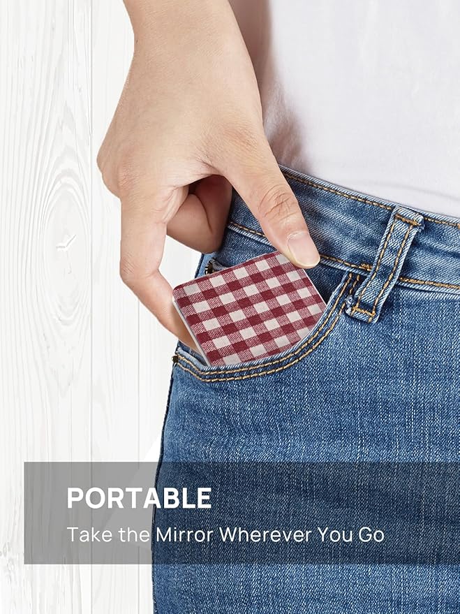 OMIRO Compact Mirror, Unique Plaid Pattern PU Leather 1X/3X Magnification, Ultra Portable for Purses, 2.76" W x 2.76" L, Red Plaid