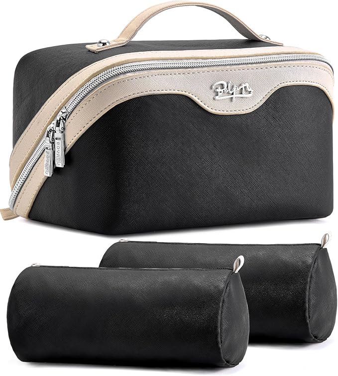 BOYATU Travel Makeup Bag Organizer Cosmetic Bag: 3 Pcs Set Make up Bags for Women with Handle - Waterproof Vegan Leather Toiletry Bags Travel Essentials Pouch with Compartments (A-01-Black)
