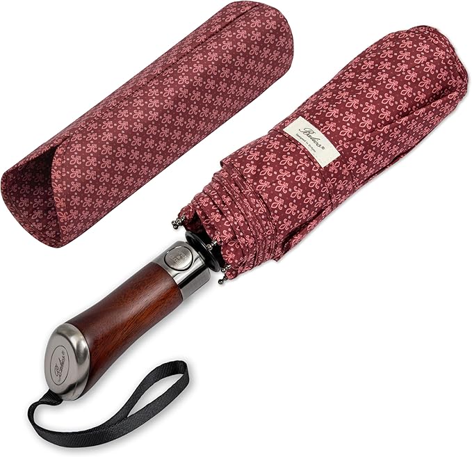 Balios (Designed in UK) Travel Umbrella Luxurious Golden Hardwood Handle Auto Open & Close Windproof Frame Single Canopy Automatic Folding Umbrella Men's & Ladies