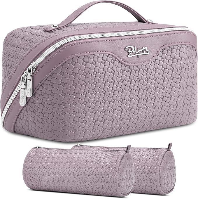 BOYATU Travel Makeup Bag Cosmetic Bags for Women: Large Capacity 3 Pcs Set Make up Bag with Compartments - Waterproof Vegan Leather Toiletry Organizer Bags with Handle (L55Light Purple)