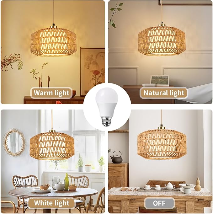 Plug in Pendant Light, Rattan Hanging Lights with Plug in Cord | Rattan Woven and Fabric 2 in 1 LampShade, Hanging Lamp Plug in for Bedroom Living Room Kitchen Island (Bulb Included)