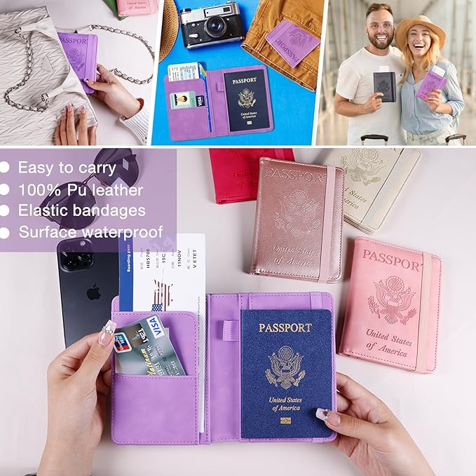Melsbrinna Premium Leather Passport Holder Covers Case, Waterproof Rfid Blocking Travel Wallet Passport Holder with Pen Holder, Cute Passport Book for Women/Men