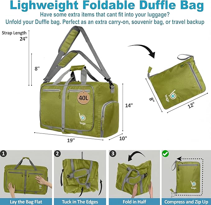 Bago Compact Duffle Bag for Travel Women & Men. Durable Lightweight Foldable Travel Duffel Bags For Traveling Women. 40L Duffle Bags a Reliable Weekender duffel or Overnight Bag With Shoe Compartment