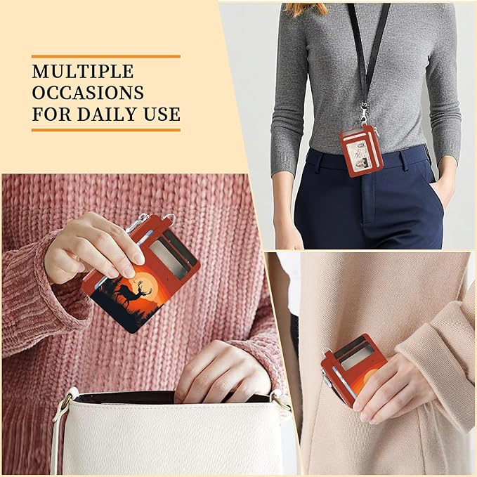 Hancynir Slim Wallet Women Credit Card Holder Sunset Deer RFID Small Mini Card Case Front Pocket PU Leather Thin Travel Zipper Coin Cash ID Window Ladies Female Wallet Gifts