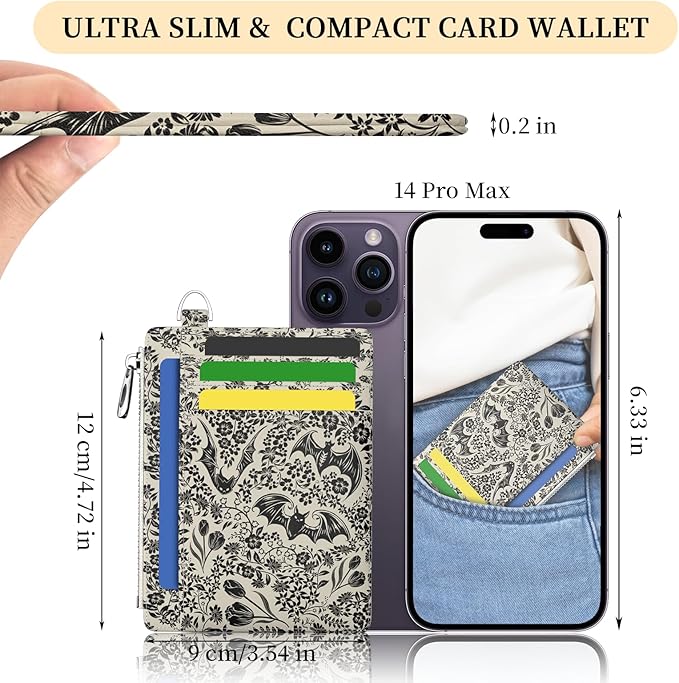 Hancynir Goth Bat Floral Slim Wallet Women Credit Card Holder Gothic Flower RFID Blocking Small Cute Card Wallets Mini Front Pocket PU Leather Thin Travel Zipper Coin Cash Ladies Female Wallet Gifts