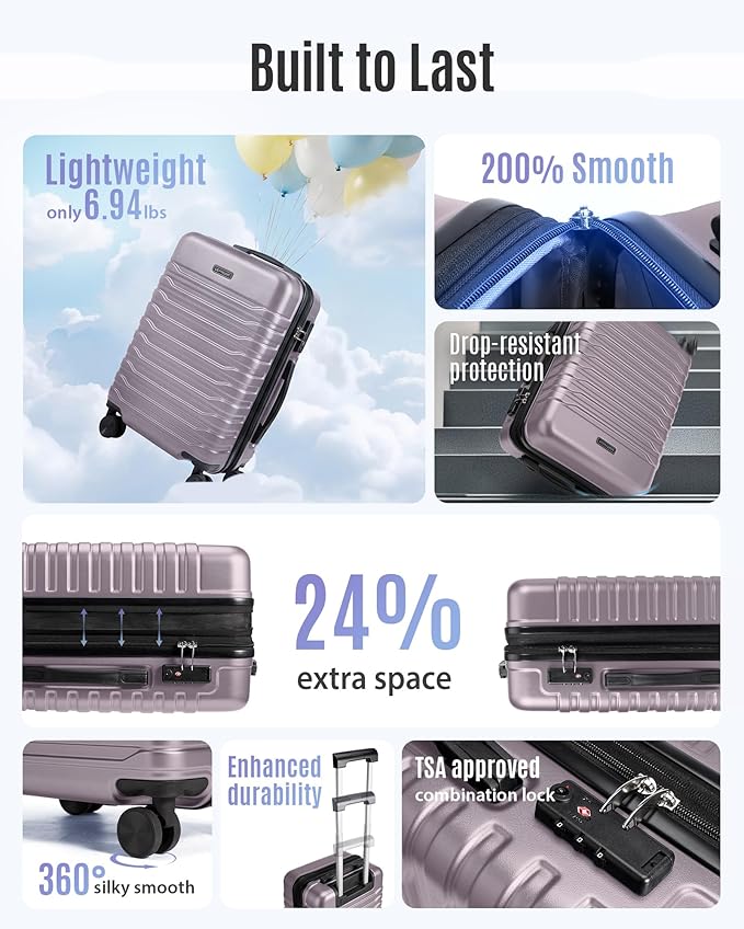 LIGHT FLIGHT Expandable Carry On Luggage 22x14x9 Airline Approved with Double Spinner Wheels, 20 Inch Lightweight Hard Shell Rolling Suitcases with TSA Lock, Rose Purple