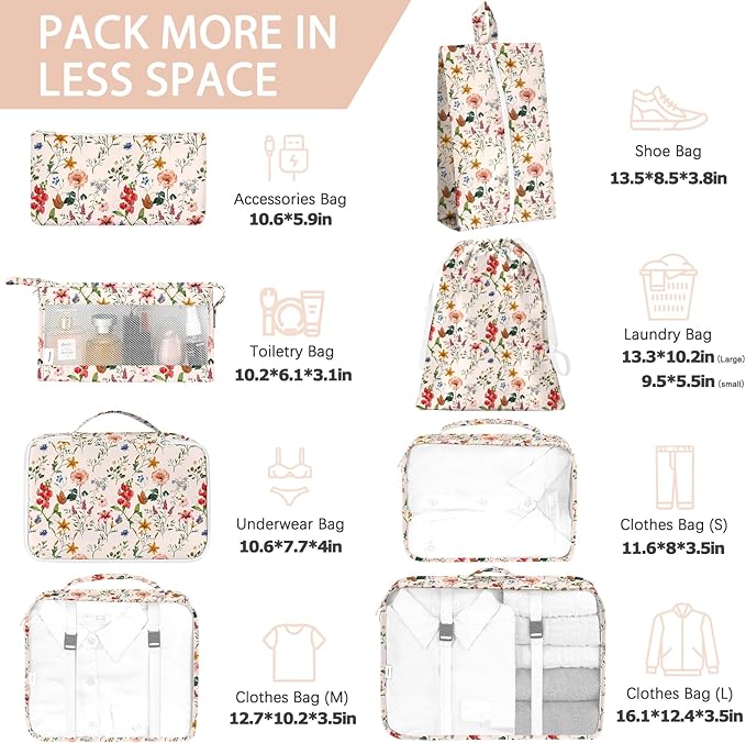 KPX 8 Set Packing Cubes for Travel, Luggage Packing Organizers Accessories Large Toiletries Bag for Clothes Shoes Cosmetics (Retro Flower)