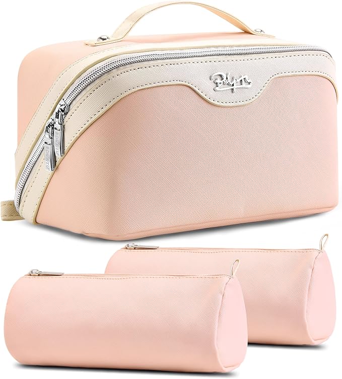 BOYATU Travel Makeup Bag Organizer Cosmetic Bag: 3 Pcs Set Make up Bags for Women with Handle - Waterproof Vegan Leather Toiletry Bags Travel Essentials Pouch with Compartments (A-09-Pink)