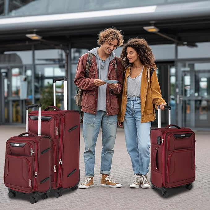 3-Piece Softside Expandable Luggage Set with Front Open Pocket, Lightweight and Durable Oxford Fabric Suitcase Set with TSA Lock (Burgundy Wine Red, 20in/24in/28in)