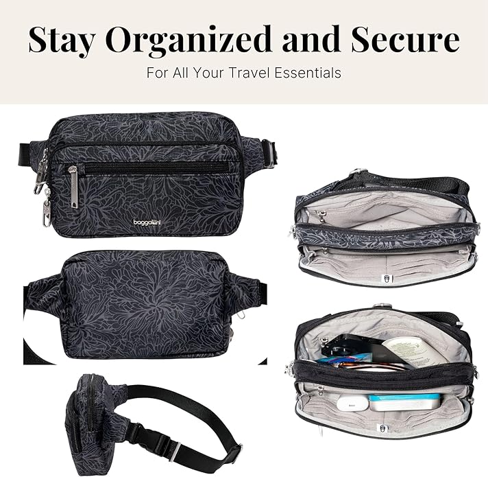 Baggallini Securtex Anti-theft Belt Bag 8.8"x5.5" Crossbody Fanny Pack for Women RFID Wallet Locking Zipper Travel Purse