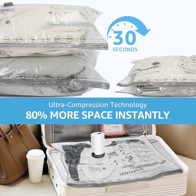 18 Packs Vacuum Bags for Travel with Rechargeable Pump, 3 Sizes Vacuum Seal Bags for Clothing, Compression Vacuum Travel Bags for Luggage, Vacuum Packing Bags for Closet Organization