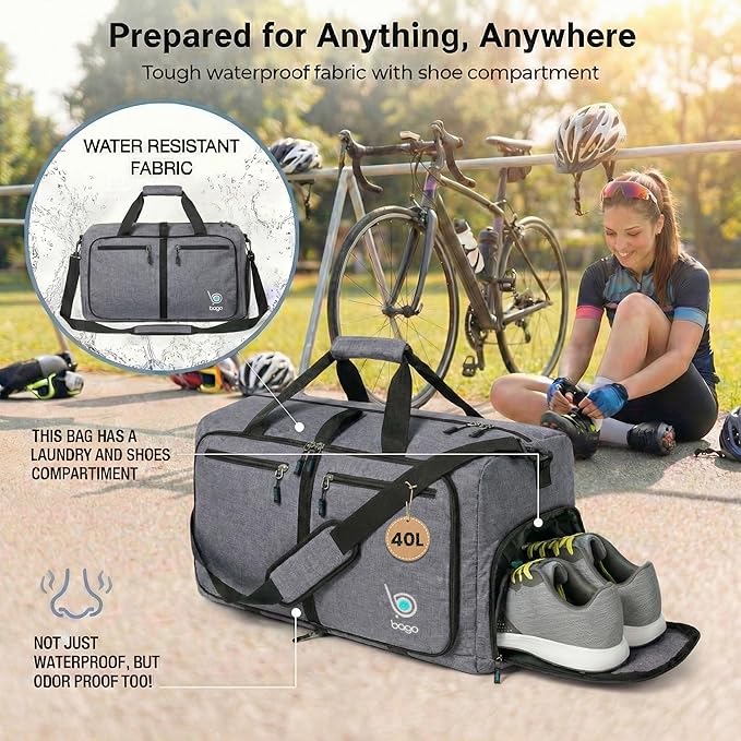 Bago Compact Duffle Bag for Travel Women & Men. Durable Lightweight Foldable Travel Duffel Bags For Traveling Women. 40L Duffle Bags a Reliable Weekender duffel or Overnight Bag With Shoe Compartment