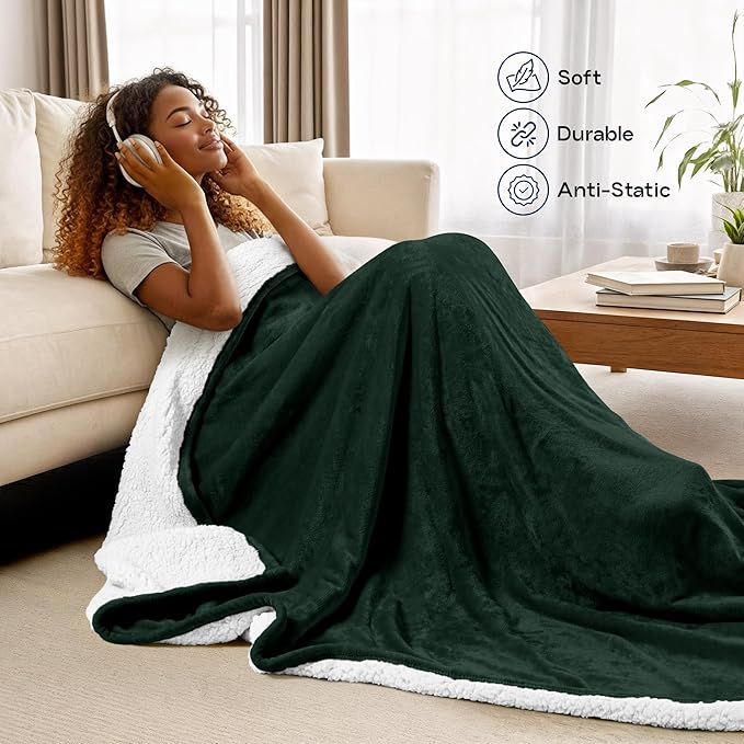 Utopia Bedding Sherpa Blanket Throw Size (Forest Green, 50x60 Inches) - Soft Lightweight Plush Fleece Reversible Blanket for Bed, Sofa, Couch, Camping and Travel