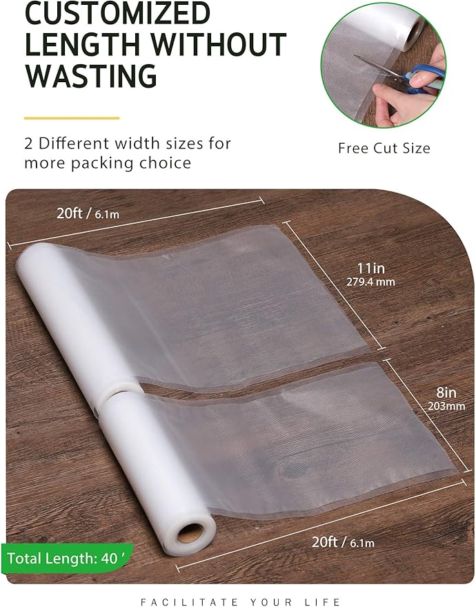 Syntus Vacuum Sealer Bags, 2 Pack 1 Roll 11" x 20' and 1 Roll 8" x 20' Commercial Grade Bag Rolls, Food Vac Bags for Storage, Meal Prep or Sous Vide