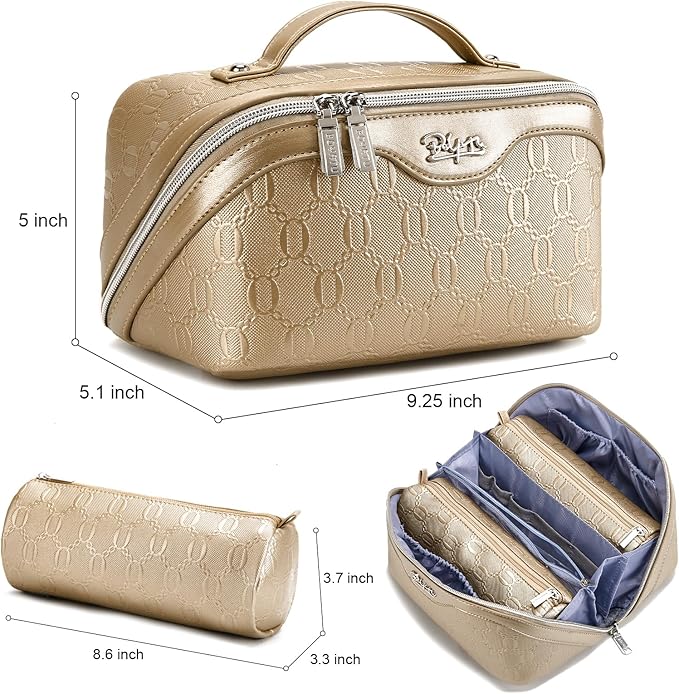 BOYATU Travel Makeup Bag for Women: Cosmetic Organizer Bag with Compartments - Leather Make up Bags Set of 3 (G-5-Gold Yellow)