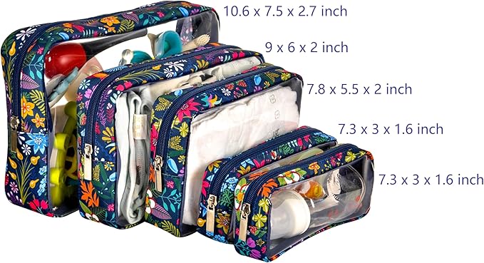 TSA Approved 5-Piece Diaper Bag Organizer Pouch Set Clear Waterproof TPU Kids Toiletry Storage Set Travel Packing Clutch Cube Bags for Baby Nursing(Flower)