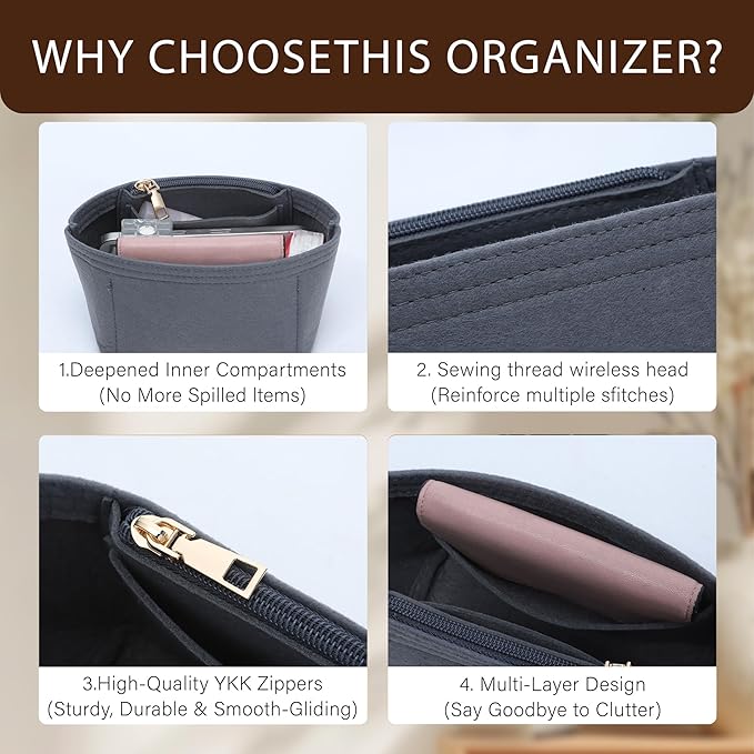 Premium Felt Purse Organizer Insert for Longchamp Le Pliage Energy/Xtra -XS, Zipper Long Champ Bag Organizer Insert with 4 Compartments